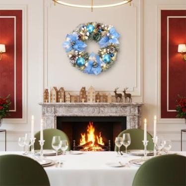 Imagem de Enfeite de guirlanda de Natal para porta da frente de 50 cm com luzes de LED, guirlanda de pinheiro, guirlanda de pinheiro artificial, enfeite decorativo para pendurar na porta da frente, ao ar livre