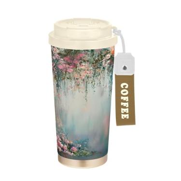 Imagem de SEHANY Caneca de viagem vintage com flores de jardim de 482 ml, copos de café reutilizáveis revestidos de cerâmica com tampa à prova de vazamento, parede dupla, isolamento a vácuo, copo de café de aço