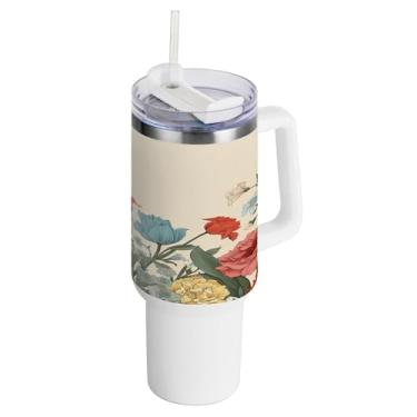 Imagem de xigua Copo vintage de flores silvestres de 1,134 g com alça e canudo, aço inoxidável duplo isolado a vácuo garrafa de água suporte de copo de garrafa de água amigável à prova de vazamento copo de