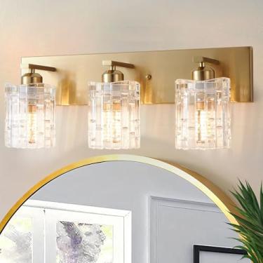 Imagem de SANKERFAN 3 luzes de cristal dourado escovado para banheiro, luminária de parede moderna para banheiro, luminária de cristal sobre espelho para sala de estar, quarto, corredor