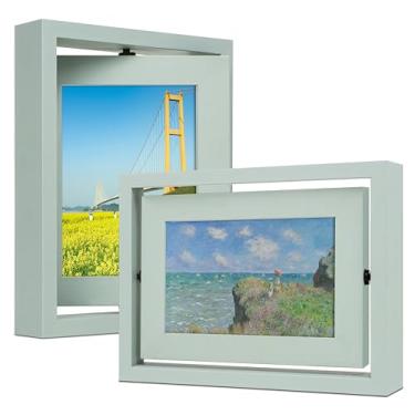 Imagem de Gdfmsc Porta-retrato giratório 12 x 17,8 cm, 2 unidades, tela dupla face, madeira de pinho, vidro verdadeiro, moldura vertical ou horizontal para mesa, azul