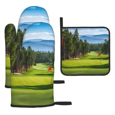 Imagem de Conjunto de cozinha essencial de 3 peças com estampa de gramado para campo de golfe, luvas e aderência de tampa, proteção para churrasco no forno, design de armazenamento suspenso.