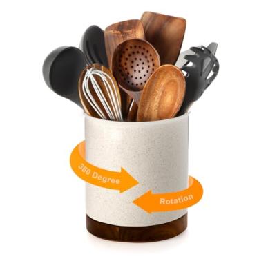 Imagem de Nucookery 360°Rotating Utensil Holder, 7.2" Large Utensil Crock, Ceramic Cooking Utensil Organizer with Countertop-Protection Cork Bottom for Farmhouse Kitchen Decor Christmas Thanksgiving Gift (Sand)