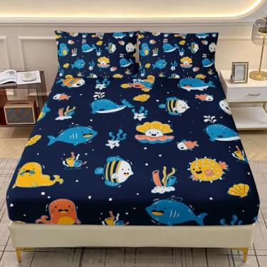 Imagem de AILONEN Jogo de lençol solteiro com tema de oceano fofo, tamanho GG, animais marinhos kawaii, peixes, 3 peças, lençol com elástico e 2 fronhas