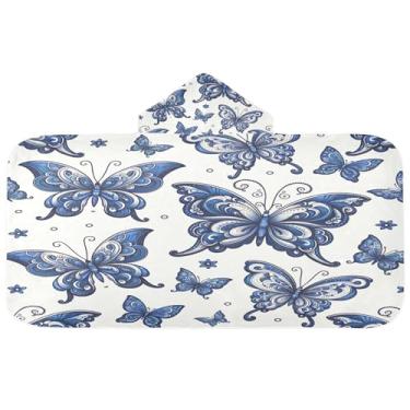 Imagem de Burbuja Toalha de banho com capuz azul Paisley borboletas para crianças, toalha de praia de pelúcia macia absorvente para meninas e meninos 3-10 anos, 61 x 127 cm
