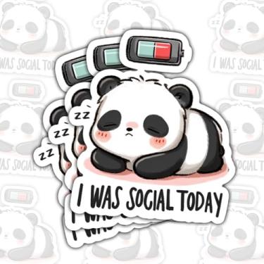 Imagem de Adesivo de vinil com 3 peças I was Social Today, fofo panda cansado, humor introvertido, adesivo engraçado de ansiedade social à prova d'água para laptop, garrafa de água, diário e telefone