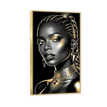 Imagem de Arte de parede em tela de mulher afro-americana, dourada, preta, impressões, pôsteres, quadros de meninas africanas, para quarto, sala de estar, decoração de casa, moldura dourada 60 x 100 cm (24 x 39