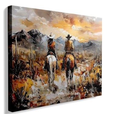 Imagem de Ypxzzj Arte de parede em tela de cowboy e vaqueira ocidental em cavalos, paisagem de montanha, pintura temática pôr do sol (40,6 cm x 61 cm)