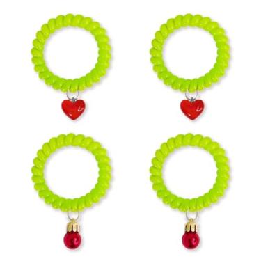 Imagem de Laços de cabelo em espiral de Natal verde Mischief com pingentes de coração e sino – 4 peças de suportes de rabo de cavalo em espiral e pulseiras de cabelo de pulso, conjunto elástico para férias
