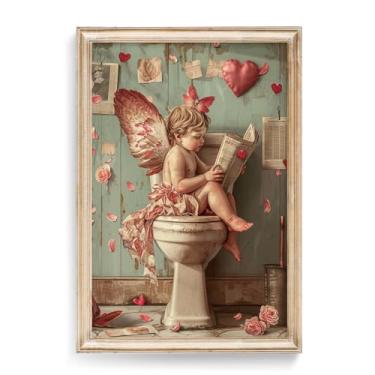 Imagem de OAOPIC Coquette arte de parede em tela rosa dia dos namorados, cupido fofo no banheiro, lendo pôster de jornal, decoração de parede de banheiro engraçada, flores rosadas e coração festivo imagem de