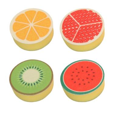 Imagem de 4 peças de esponja de celulose que não arranha, ultra absorvente, formato ergonômico, limpeza, pratos e manchas duras, padrão de frutas - laranjas, kiwis, romãs, melancias