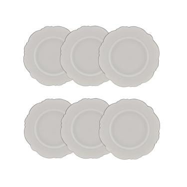 Imagem de Cj 6 Pratos para Sobremesa de Porcelana Branca Maldivas C/Filete Prata 21cm Wolff