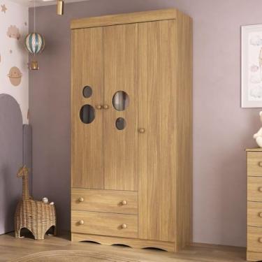 Imagem de Guarda-roupa Infantil 92cm com Vidro 3 Portas e 2 Gavetas Sonho Multimóveis Mp4472 Madeirado