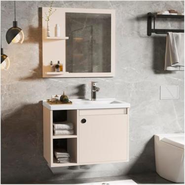 Imagem de Conjunto Kit Gabinete com Cuba Armário Balcão Aéreo Suspenso Lavabo Pia Banheiro Compacto 1 Porta Espelheira Suspensa Parede Bancada Prateleira Espelho 1 Porta Adonis (Pérola)
