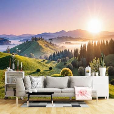 Imagem de Murais de parede de tamanho personalizado, sol brilhante encostas gramadas árvores esparsas montanhas tecido de parede autoadesivo (sem PVC) papel de parede grande removível para sala de estar, quarto