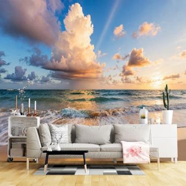 Imagem de Murais de parede de tamanho personalizado, tecido de parede autoadesivo de praia pôr do sol (sem PVC) Papel de parede grande removível para sala de estar, quarto, escritório