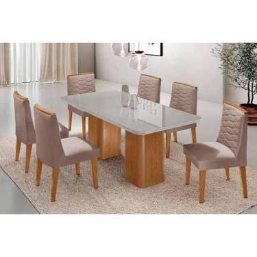 Imagem de Sala Jantar Mesa Maldivas Tampo c/ Vidro Curvo 180cm+6 Cadeiras Maldivas Madeira Naturale/Off White - Capuccino/Linho Capuccino - Rufato