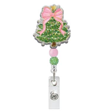 Imagem de Carretel de crachá de árvore de Natal, lindo suporte de crachá retrátil de laço rosa com contas verdes e rosa brilhantes com glitter de árvore de Natal, cartão de identificação, clipe de jacaré