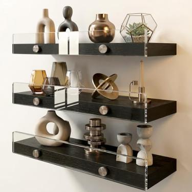 Imagem de Care&More YJ Pacote com 3 prateleiras flutuantes de madeira para parede, prateleiras rústicas montadas na parede para banheiro, quarto, sala de estar, cozinha, prateleira suspensa preta
