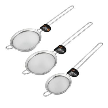 Imagem de Kit 3 Peneiras de Cozinha em Aço Inox, 8cm, 14cm e 20cm, Malha Fina, com Cabo Longo