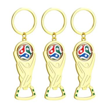 Imagem de Conjunto de 3 chaves abridor de garrafa de cerveja troféu da Copa do Mundo 2026, bola de futebol rotativa 3D premium liga de zinco abridor de garrafa portátil para lata, refrigerante, ferramenta de