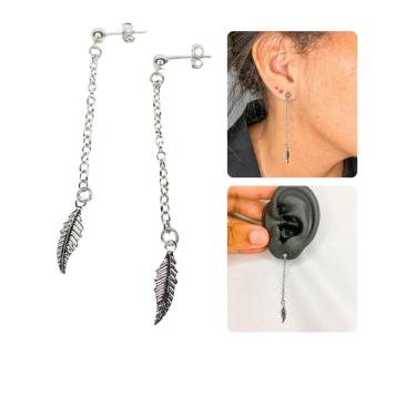 Imagem de Brinco Bolinha Feminino Corrente Longo Pingente Pena Folha