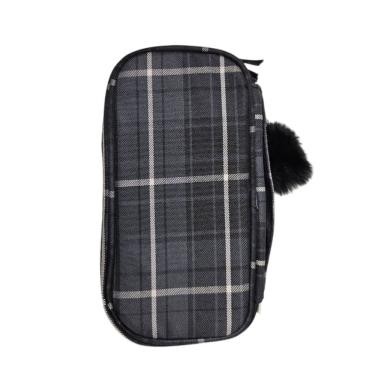 Imagem de Estojo Box Grande Escolar Xadrez Preto com Pompom Alça Organizador Lápis Material Aula Moderno