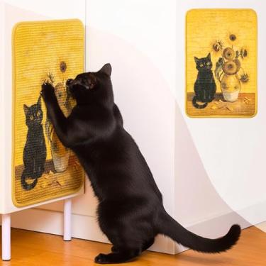 Imagem de GudaAphrmix Tapete de arranhador de sisal para gatos – Tapete de parede resistente a quedas para gatos internos, estampa de arte de gatinho, tapete de girassol para tapete de sofá e móveis com fita