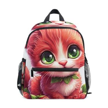Imagem de Cute Kitten Strawberry Cat Print Simple Modern Kids Backpack 10x4x12 In, Preschool Girl Backpack with Water Bottle Pockets, Whistle Buckle