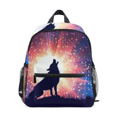 Imagem de GAIGEO Wolf Howling Moon Kids Backpack Girls Mini Backpack with Front Pocket, Safety Whistle for Ages 3-8