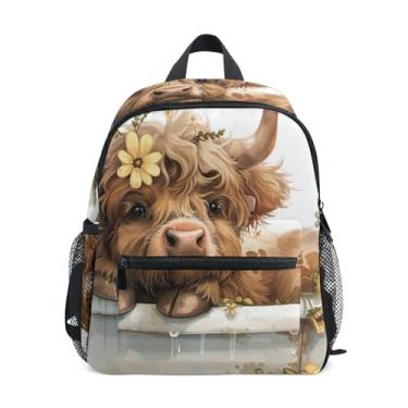 Imagem de GAIGEO Cute Highland Cow Flower Toddlers Backpack with Whistle, 2 Bottle Pockets, Lightweight, Kindergarten Backpack 10x4x12 In, for Ages 3-8