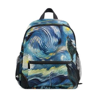 Imagem de GAIGEO Wolf Starry Night Floral Small Kids Backpack with Whistle, 2 Bottle Pockets, Lightweight, Pre School Backpack 10x4x12 In, for Ages 3-8