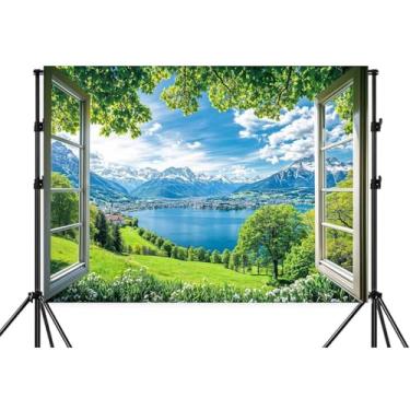 Imagem de Cenário natural de 2,1 x 1,5 m cenário de janela de madeira branca cenário floresta verde árvore pedra floresta tropical vista rio claro lago floresta montanha céu fundo decoração de casa cabine