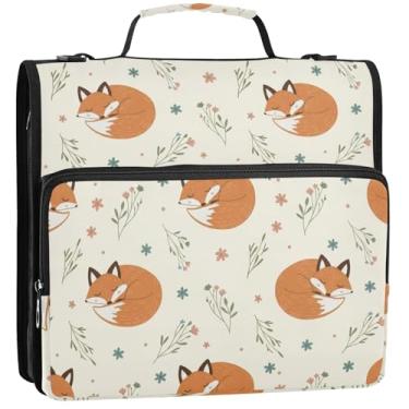 Imagem de Organizador de fichário rosa com zíper, 3 anéis, 3 anéis, fofo, raposa, creme, vários bolsos, pasta grande para fichários escolares com alça de ombro, 34,5 x 31,5 x 9 cm