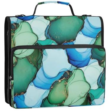 Imagem de Organizador de fichário com zíper, aquarela, azul-petróleo, 3 anéis, 3,5 cm, bolsa fofa para fichário do ensino médio com alça, comporta 500 folhas, 34,5 x 31,5 x 9 cm