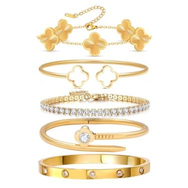 Imagem de Conjunto de 5 pulseiras empilháveis de flores da sorte, banhadas a ouro 18 K, conjunto de pulseiras femininas de trevo e unhas de amor, conjunto empilhável de ouro, joias modernas, presentes para o