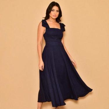 Imagem de Vestido midi luxo liso duna linho com laço na ombr - Helena, Azul mari