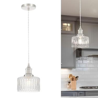 Imagem de Luzes pendentes de níquel escovado ilha de cozinha, luminária pendente vintage de vidro listrado transparente, iluminação pendente de cozinha rústica sobre ilha, luz suspensa ajustável para sala de