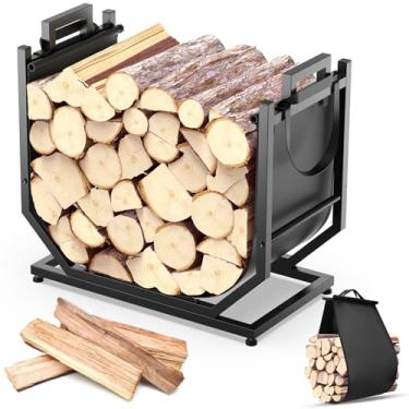 Imagem de YENGOTH Suporte para lenha, suporte de lenha interno/externo com bolsa de transporte de lenha, suporte de tronco de metal espesso de 63 cm com pés ajustáveis, preto