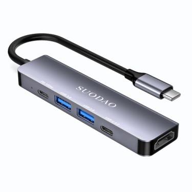Imagem de SUODAO Hub USB C, adaptador multiportas 5 em 1 com 4K HDMI, 100W PD, portas de dados USB-A, alumínio