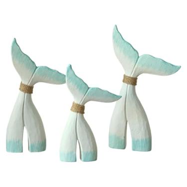 Imagem de XLWLLNJ Conjunto de 3 estatuetas de madeira representando caudas de baleia, ornamentos e esculturas de animais para decoração de mesas e lareiras, Branco Azul