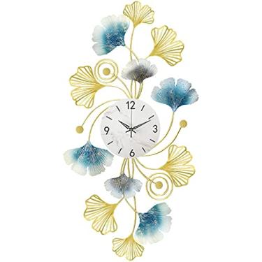 Imagem de AkosOL Relógio de parede decorativo de folha de ginkgo de metal, relógio de parede grande silencioso 3D com algarismos romanos, acessórios criativos para casa, escultura de parede para cozinha, sala