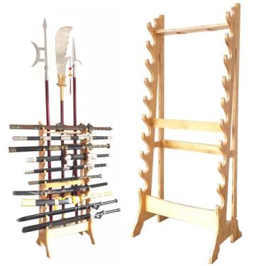 Imagem de Suporte vertical multicamadas para espadas de artes marciais de madeira maciça, suporte de espada de chão de 10/12 andares, suporte Katana, expositor de armas para armazenar várias espadas e armas