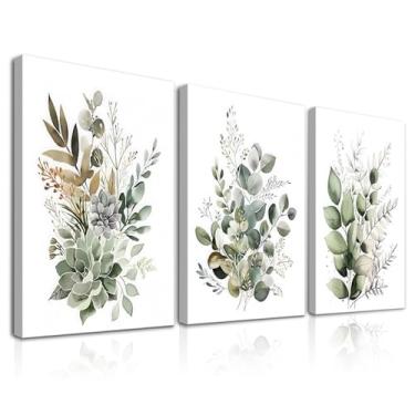 Imagem de Dazzlewall Decoração de parede Boho emoldurada, 3 peças, impressão de pôster botânico de folhas verdes para banheiro, sala de estar, decoração de parede de quarto de folhas de eucalipto, 30 x 40 cm
