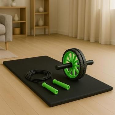 Imagem de Kit Treino Completo em Casa Colchonete Corda de Pular e Roda Abdominal Fitness(Verde)