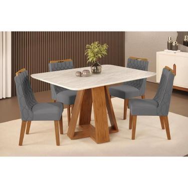 Imagem de Conjunto: Mesa Sala Jantar Celeste c/ Tampo Madeirado Curvo 120x90cm e 4 Cadeiras Bia Freijo/Quartzo - Suede Lunar - DJ Móveis