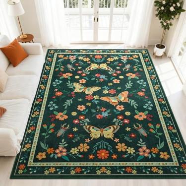 Imagem de FALARK Tapetes laváveis para sala de estar, tapete com estampa floral borboleta de 10 x 15 cm, antiderrapante para quarto, jantar, escritório, sala de jogos, decoração de casa, verde escuro