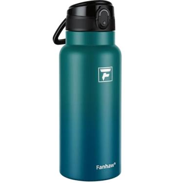 Imagem de Fanhaw Garrafa de água isolada de aço inoxidável de 947 ml com tampa – boca larga, à prova de vazamento, livre de BPA – ideal para crianças, adultos, esportes, academia e uso ao ar livre (verde azul)