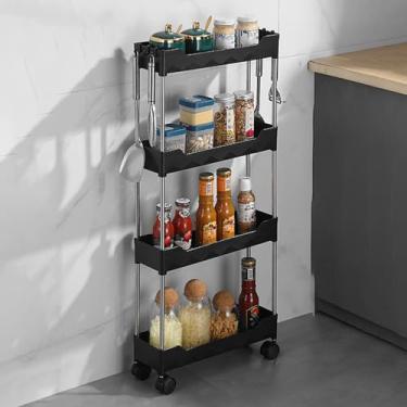 Imagem de Carrinho de armazenamento com rodinhas de 4 camadas, carrinho utilitário de plástico preto para cozinha, banheiro e organização de frutas/vegetais - Prateleiras móveis e design multiuso