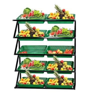 Imagem de Prateleira de exibição de frutas e vegetais de supermercado de 4/5 camadas, suporte de mercado de produtos frescos com 8/10 cestas para despensa de varejo lojas de conveniência cozinha, organizador de